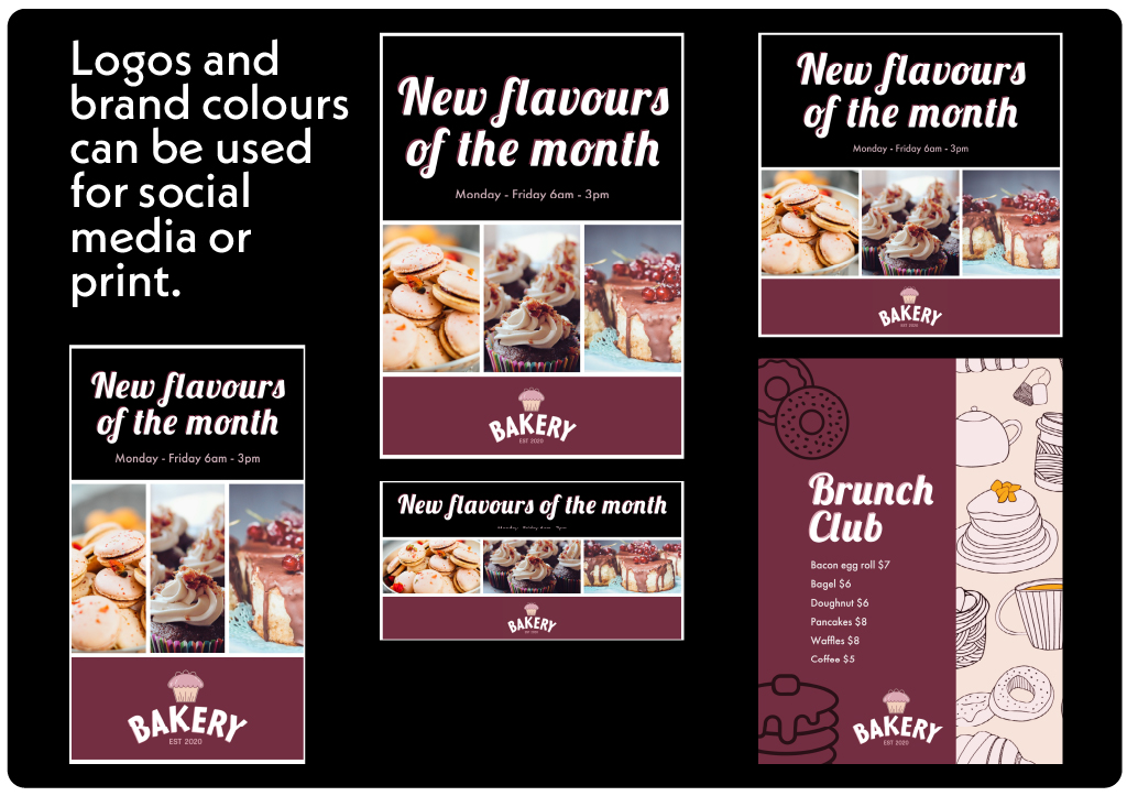 Examples of graphics for Bakery's social media and a brunch club menu.