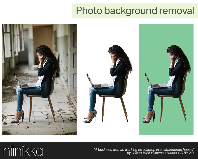A photo of a woman in a warehouse, she is sitting on a chair with a laptop on her lap, side-by-side with a retouched photo with the background removed, and another with the background replaced with green colour.