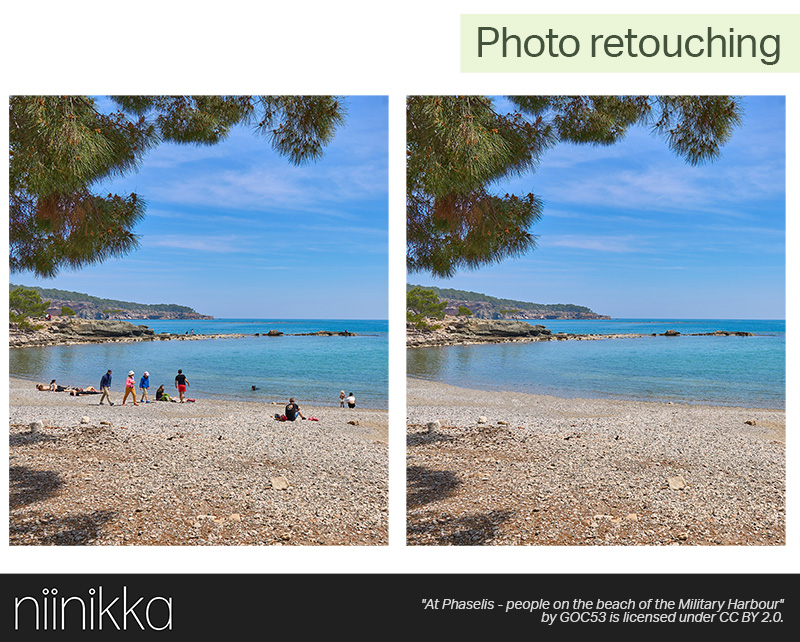 A photo of a beach with many people side-by-side with a retouched photo with all the people removed.