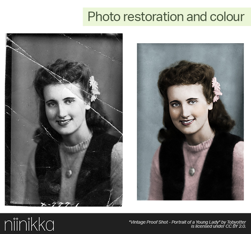 A creased and damaged black and white photo of a woman side-by-side with a retouched and recoloured version of the same image.