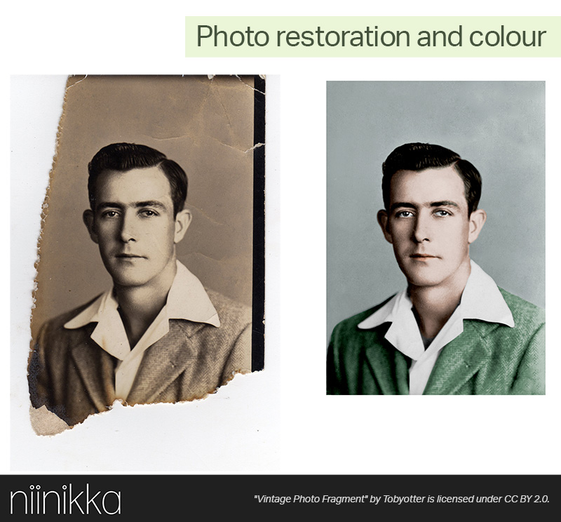 An example of a vintage portrait photo that I have restored, removed creases and tears, and recoloured.